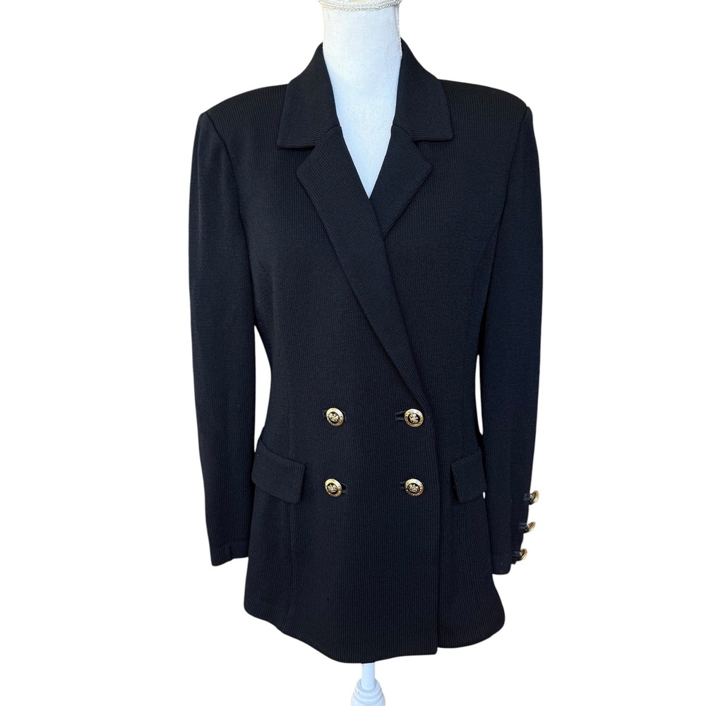 St. John Basics Black Santana Knit Double Breasted Gold Crest Button Blazer 6
